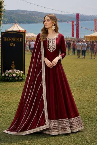 Maroon embroidered art silk semi stitched anarkali suit