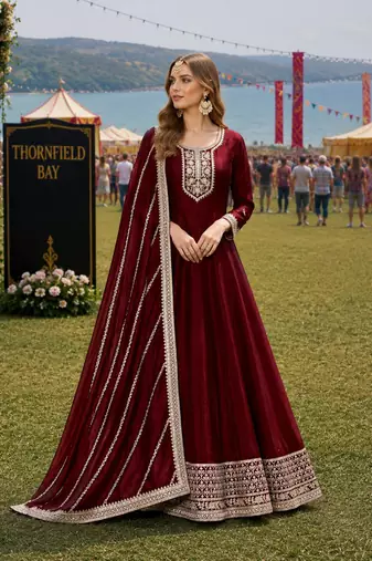 Maroon embroidered art silk semi stitched anarkali suit