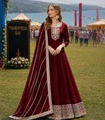 Maroon embroidered art silk semi stitched anarkali suit