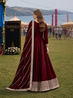Maroon embroidered art silk semi stitched anarkali suit 2