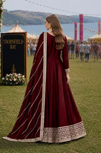 Maroon embroidered art silk semi stitched anarkali suit