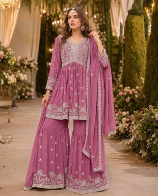Pink embroidered faux georgette semi stitched sharara suit 1