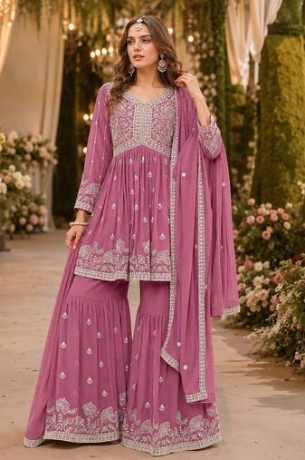 Pink embroidered faux georgette semi stitched sharara suit