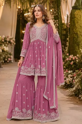 Pink embroidered faux georgette semi stitched sharara suit