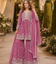 Pink embroidered faux georgette semi stitched sharara suit