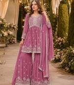 Pink embroidered faux georgette semi stitched sharara suit