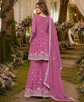 Pink embroidered faux georgette semi stitched sharara suit 2