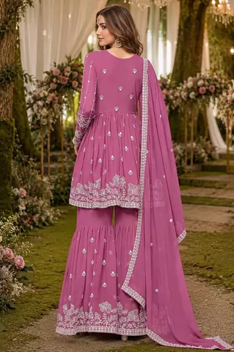 Pink embroidered faux georgette semi stitched sharara suit