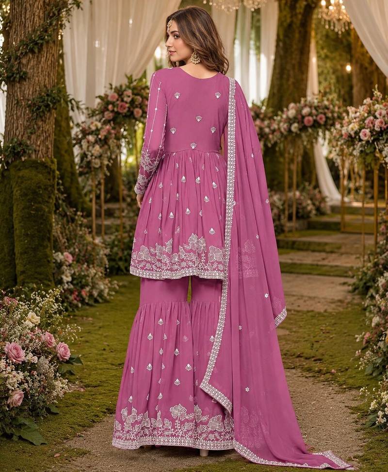 Pink embroidered faux georgette semi stitched sharara suit