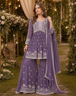 Lavender embroidered faux georgette semi stitched sharara suit 1