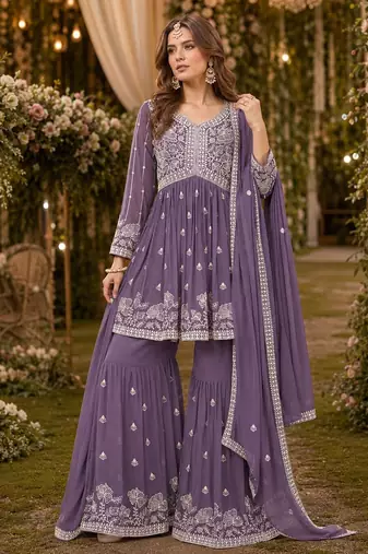Lavender embroidered faux georgette semi stitched sharara suit