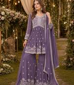 Lavender embroidered faux georgette semi stitched sharara suit