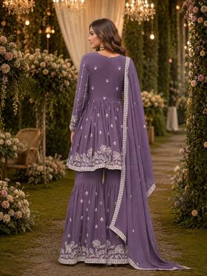 Lavender embroidered faux georgette semi stitched sharara suit 2