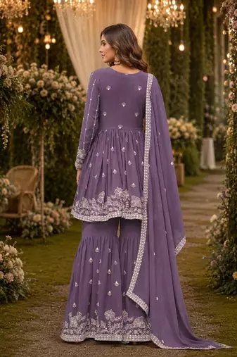 Lavender embroidered faux georgette semi stitched sharara suit