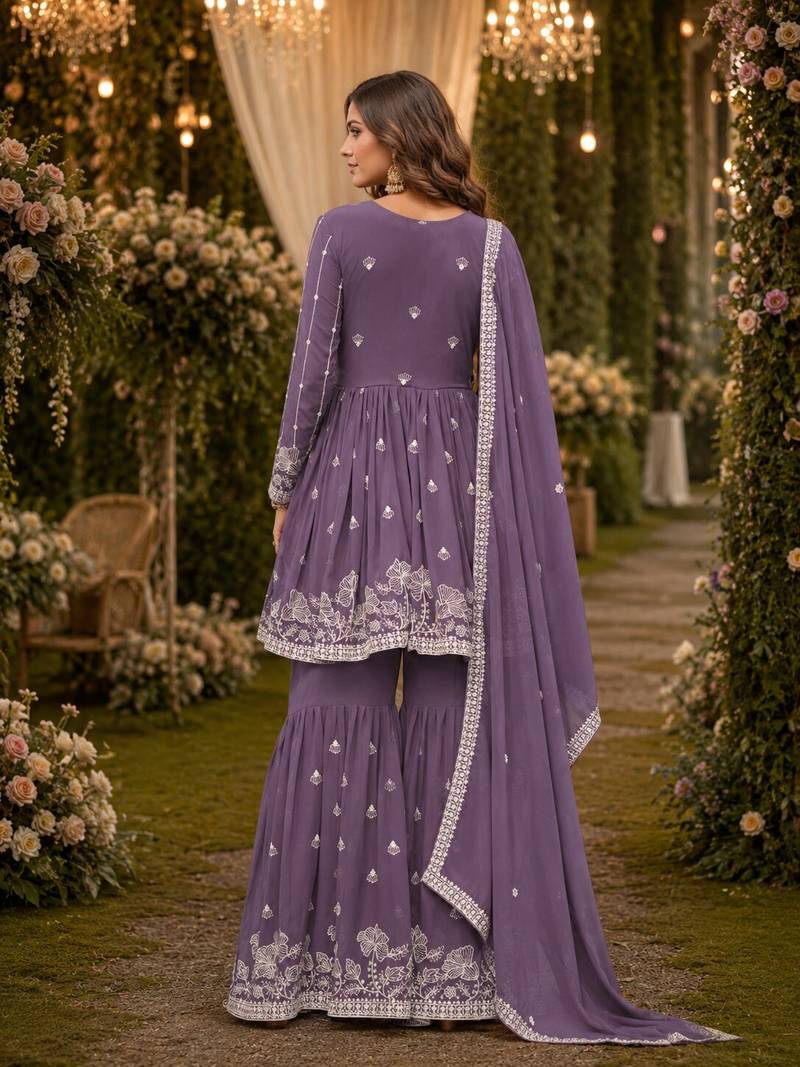 Lavender embroidered faux georgette semi stitched sharara suit