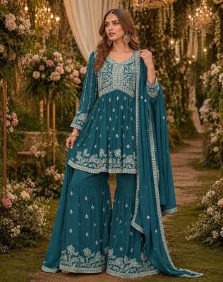Teal embroidered faux georgette semi stitched sharara suit 1