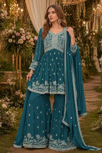 Teal embroidered faux georgette semi stitched sharara suit