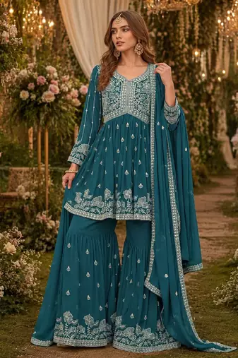Teal embroidered faux georgette semi stitched sharara suit