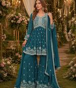 Teal embroidered faux georgette semi stitched sharara suit