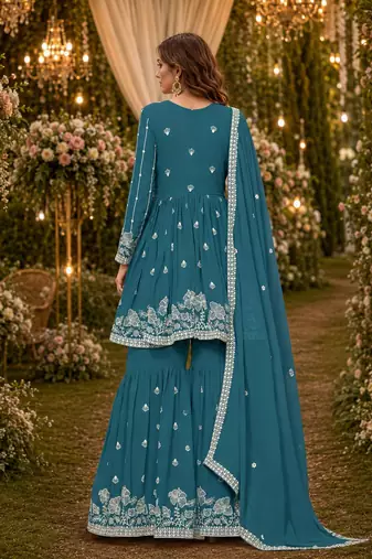 Teal embroidered faux georgette semi stitched sharara suit
