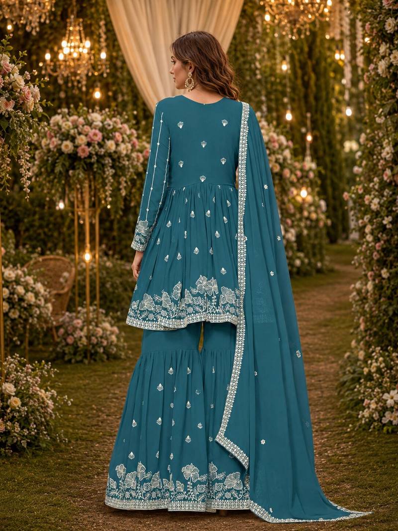 Teal embroidered faux georgette semi stitched sharara suit