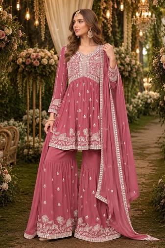 Brown embroidered faux georgette semi stitched sharara suit