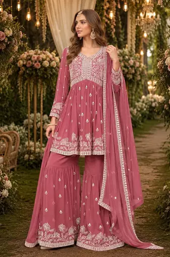 Brown embroidered faux georgette semi stitched sharara suit