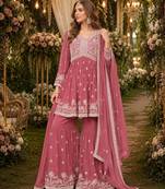 Brown embroidered faux georgette semi stitched sharara suit
