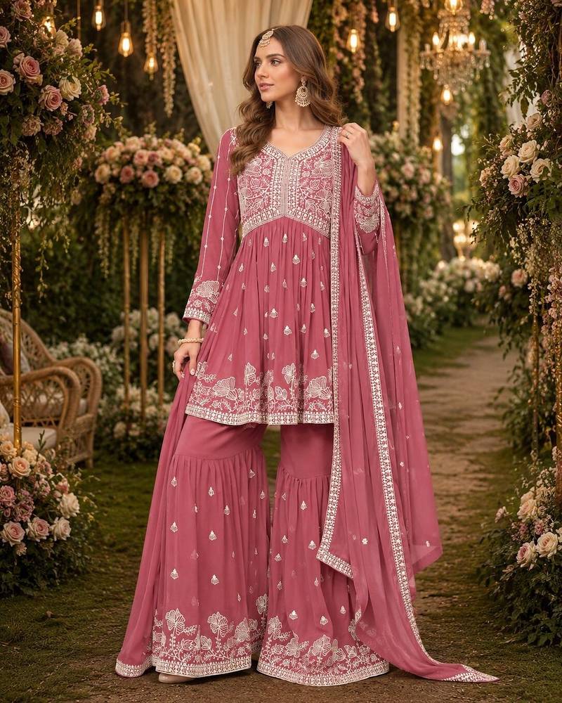 Brown embroidered faux georgette semi stitched sharara suit