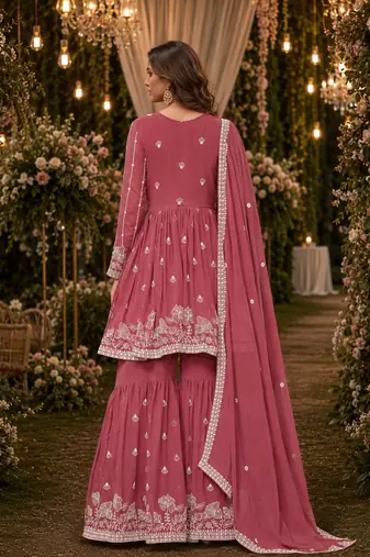 Brown embroidered faux georgette semi stitched sharara suit