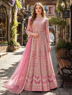 Pink embroidered net semi stitched anarkali suit 1