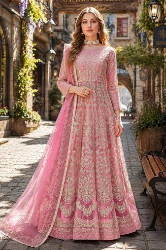 Pink embroidered net semi stitched anarkali suit