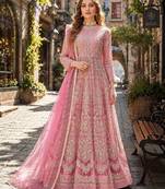 Pink embroidered net semi stitched anarkali suit