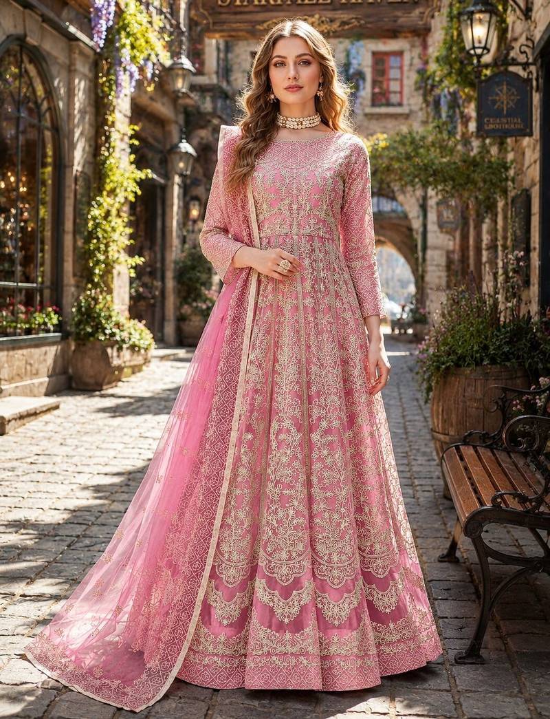 Pink embroidered net semi stitched anarkali suit