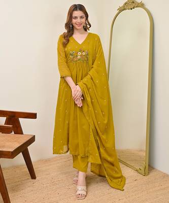 Embroidery Chanderi Fabric Flared Kurta Pant and Dupatta Set 1