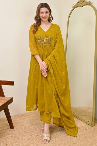 Embroidery Chanderi Fabric Flared Kurta Pant and Dupatta Set