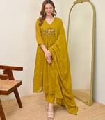 Embroidery Chanderi Fabric Flared Kurta Pant and Dupatta Set