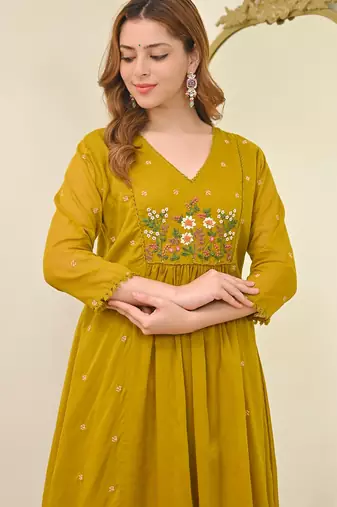 Women's Gorgeous Embroidery Work Chanderi Fabric Flared Kurta Pant and Dupatta Set