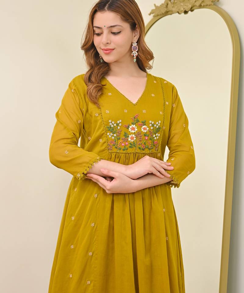 Embroidery Chanderi Fabric Flared Kurta Pant and Dupatta Set