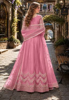 Pink embroidered net semi stitched anarkali suit 2