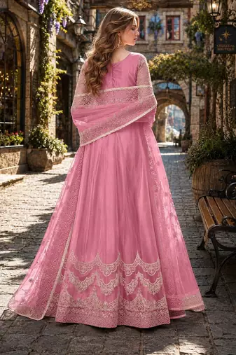 Pink embroidered net semi stitched anarkali suit