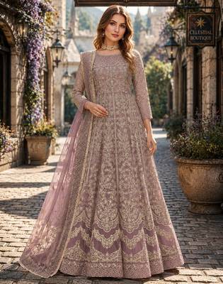 Light brown embroidered net semi stitched anarkali suit 1