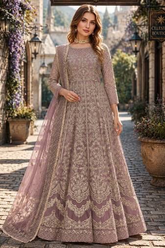 Light brown embroidered net semi stitched anarkali suit