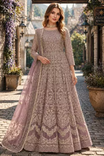 Light brown embroidered net semi stitched anarkali suit