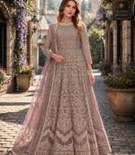 Light brown embroidered net semi stitched anarkali suit