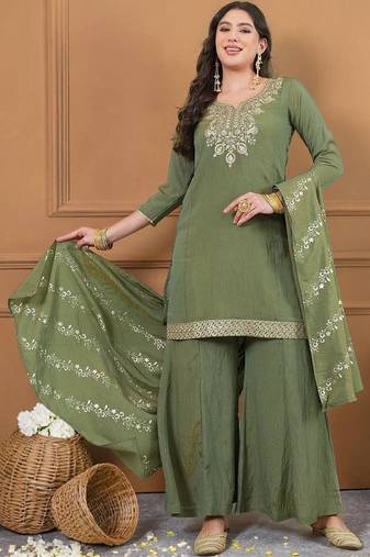 Women Ethnic Motifs Embroidered Regular Thread Work Kurta with Sharara & With Dupatta