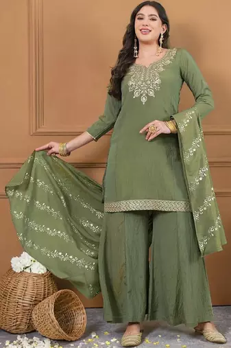 Women Ethnic Motifs Embroidered Regular Thread Work Kurta with Sharara & With Dupatta