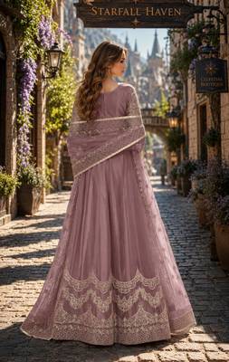 Light brown embroidered net semi stitched anarkali suit 2