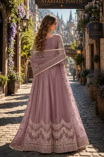 Light brown embroidered net semi stitched anarkali suit