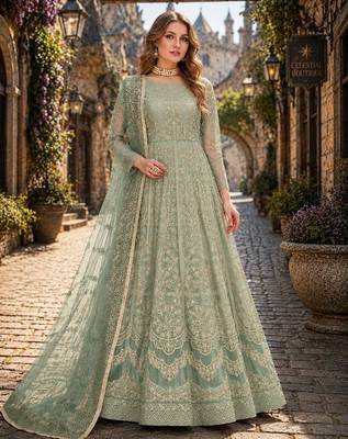 Light green embroidered net semi stitched anarkali suit 1